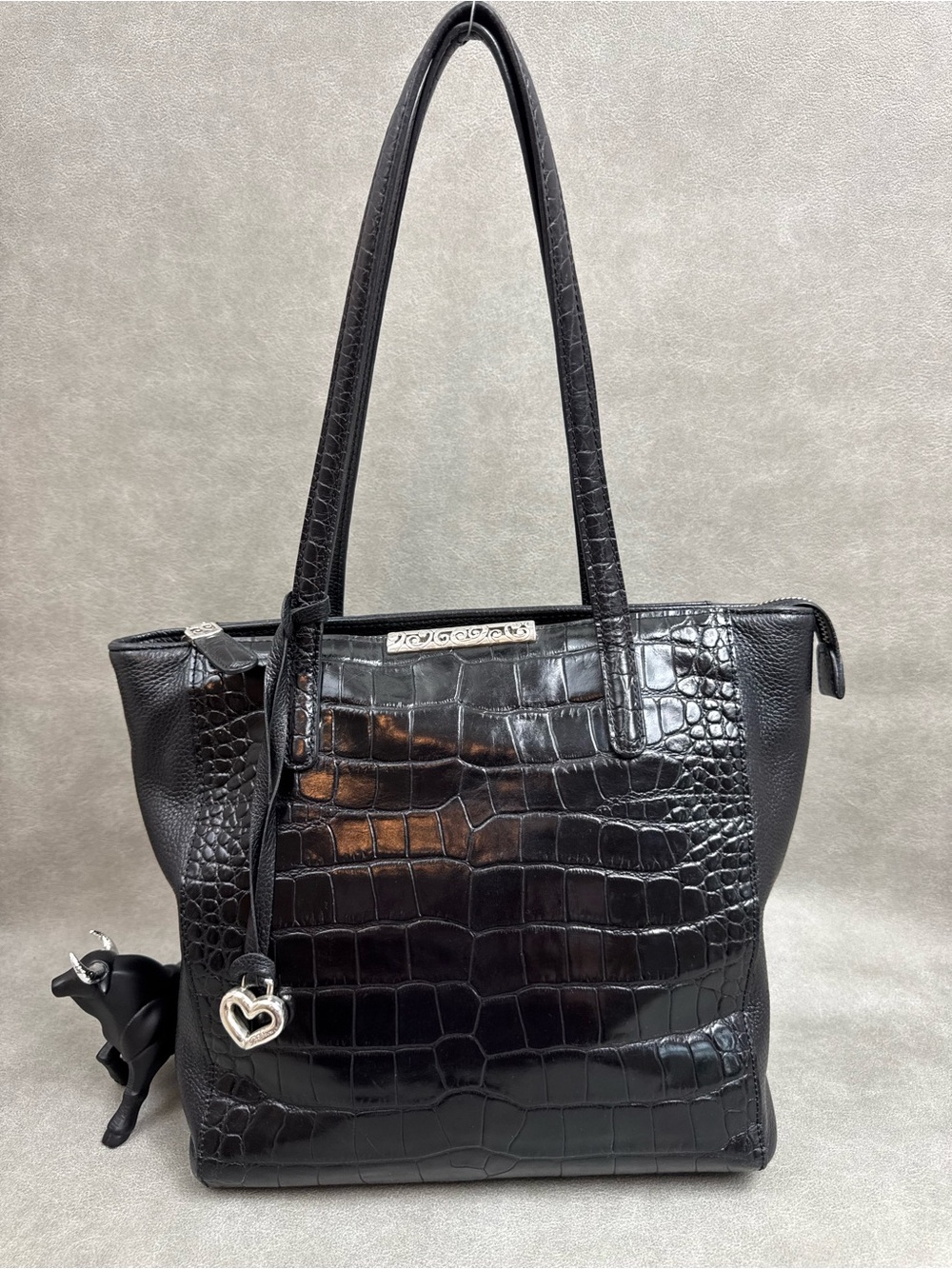 Brighton Black Croc-Embossed Leather Tote with Heart Charm